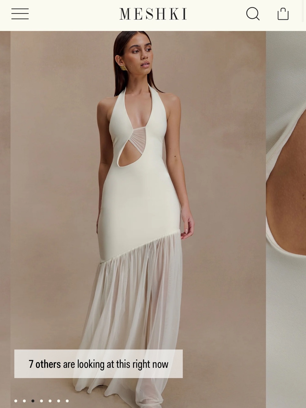 Meshki Ivory Halter Mesh-Trim Maxi Dress with Cutout